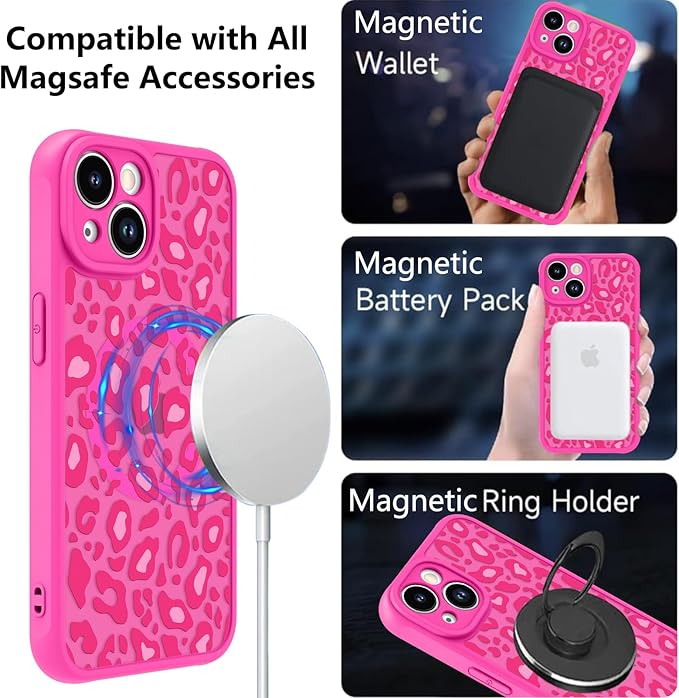 KANGHAR Case for iPhone 14 Hot Pink Leopard Printed Pattern Cute Cheetah [Compatible with Magsafe] Protective Magnetic Case for Girls Women 6.1"