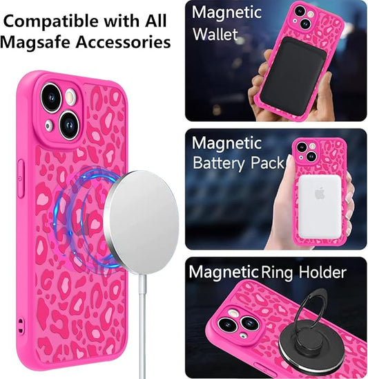 KANGHAR Case for iPhone 14 Plus Hot Pink Leopard Printed Pattern Cute Cheetah [Compatible with Magsafe] Protective Magnetic Case for Girls Women 6.7"