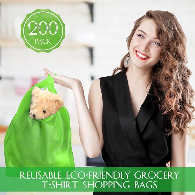 Windyun Large Grocery T-shirt Bags Bulk Reusable Non Woven Shopping Bag Foldable Gift Tote with Handle, 21x11x6 Inch