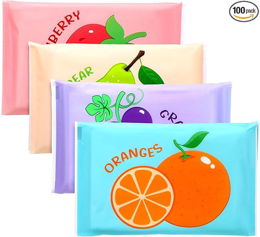PerKoop 100 Pack Pocket Tissues Travel Slim Packs Small Facial Tissues Wallet Size Toilet Paper for Travel Guest Wedding Supplies, 4 Styles(Fruits)