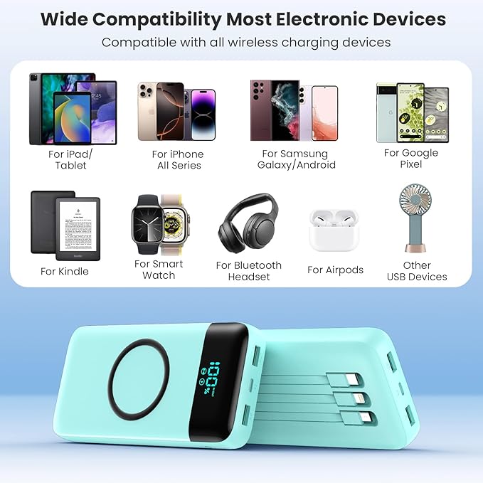 Wireless Portable Charger 40800mAh with 3 Built-in Cables,7-in-1 15W Wireless Charging Power Bank,25W PD QC 4.0 Fast Charging USB C LCD Display Battery Pack for iPhone 16/15/13,Samsung,Android-Green