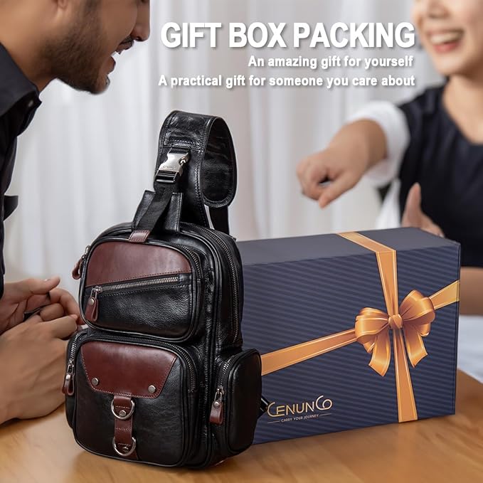 Genuine Leather Sling Bag for Men Large Crossbody Shoulder Bag Casual Sling Backpack Anti-Theft Travel Chest Purse