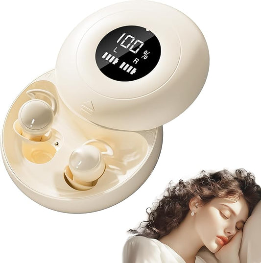sunvito Sleep Earbuds for Side Sleepers, Mini Invisible Wireless Bluetooth 5.4 Micro Sleep Headphones, Hidden Earbuds with LED Screen for Small Ears Sleeping, Exercise, Working, Hiking (Beige)