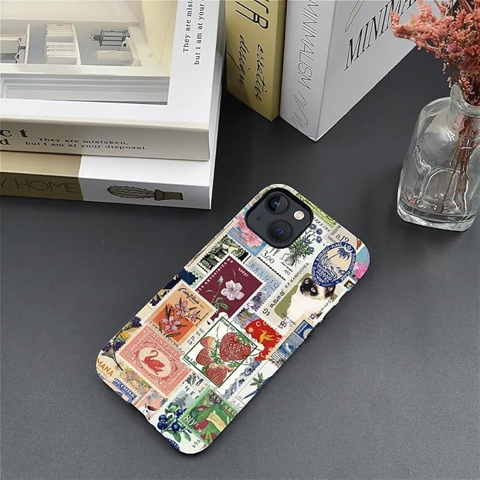 Case for iPhone 14 Plus,Vintage Stamp Collage for Woman Men Full Body Protective Cover Shockproof 2 in 1 Silicone + Hard PC Case for iPhone 14 Plus