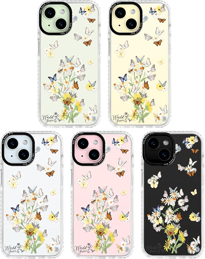 for iPhone 15 Case Butterfly & Flower Pattern with Vintage Charm, Military-Grade Drop Protection, Cute Soft Slim TPU Protective Cover with Camera Lens Protection for Women & Girls