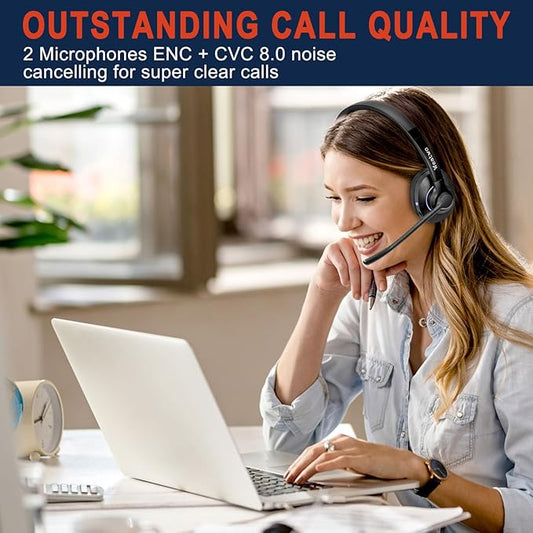 Bluetooth Headset with CVC8.0 Dual Mic Noise Cancelling, Bluetooth Headphone Class 1 V5.1 Wired/Wireless Headset for Cell Phone PC Teams Zoom Home Office, 30H+ Talk Time, Comfort Fit