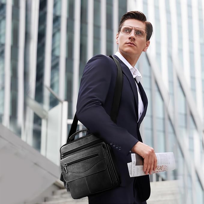 Men's Leather Crossbody Shoulder Bag - Messenger Satchel Travel Handbag