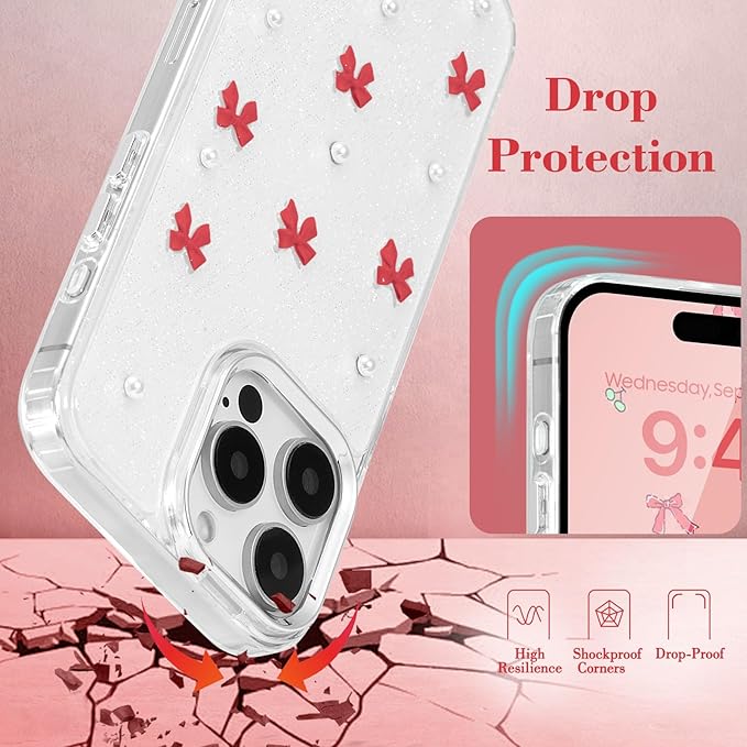 EYZUTAK Case for iPhone 15 Pro, Bling Glitter 3D Bowknot Phone Case Cute Sparkly Crystal Clear Bow Aesthetic Design Case Slim Soft Durable TPU Transparent Protective Cover for Women Girl - Red Bow