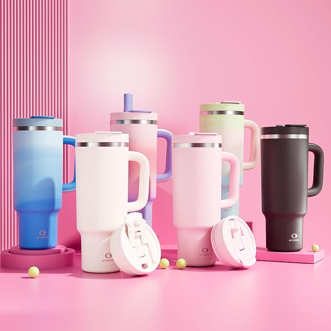 32 oz Tumbler with Handle and Straw: Stainless Steel Insulated Tumbler Keeps Cold for 24 Hours, Leakproof Travel Cup Fits in Cup Holder and BPA-Free, Polar White