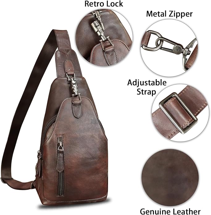 Genuine Leather Sling Bag for Women and Men Vintage Handmade Leather Sling Backpack Fashion Crossbody Bag Chest Purse