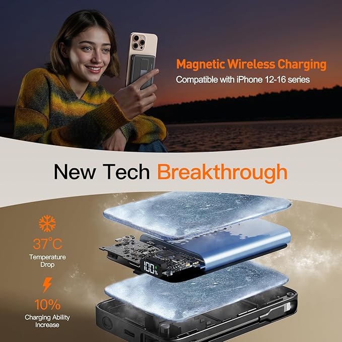 2025 Magnetic Battery Pack 16800mAh Mobile Power Bank, Portable Charger with Foldable Stand and Built-in Cable, 20W USB-C Fast Charging, Suitable for iPhone 17/16/15/14/13/12 Series