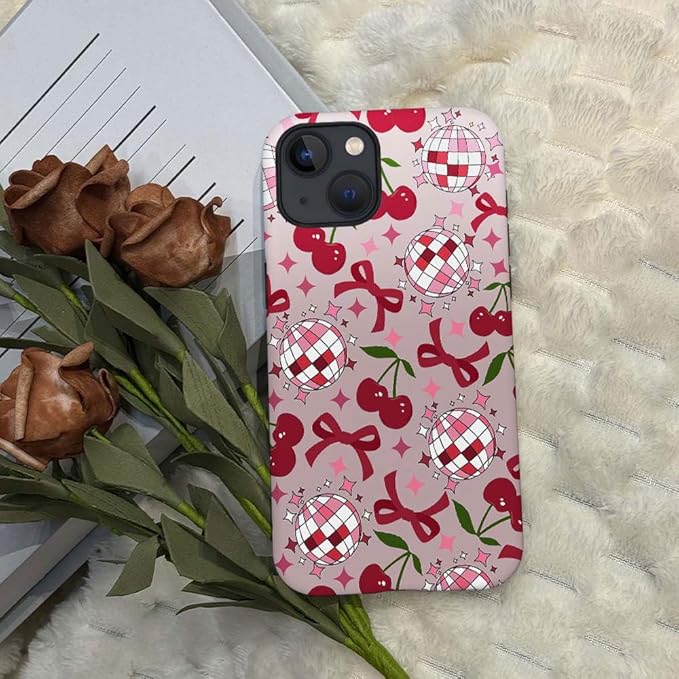 DAIZAG Case Compatible with for iPhone 15,Cute Pink Cherry Disco Ribbon Star Phone Case for iPhone 15 for Girl Women Boy Men