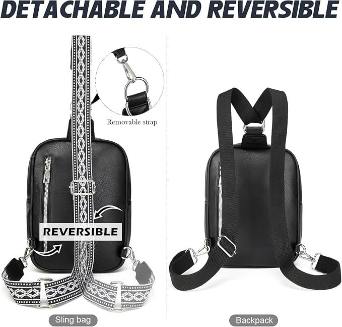 Sling Bag Crossbody Backpack - 2 in 1 Leather Cross Body Bag Fanny Pack with 2 Removable Straps