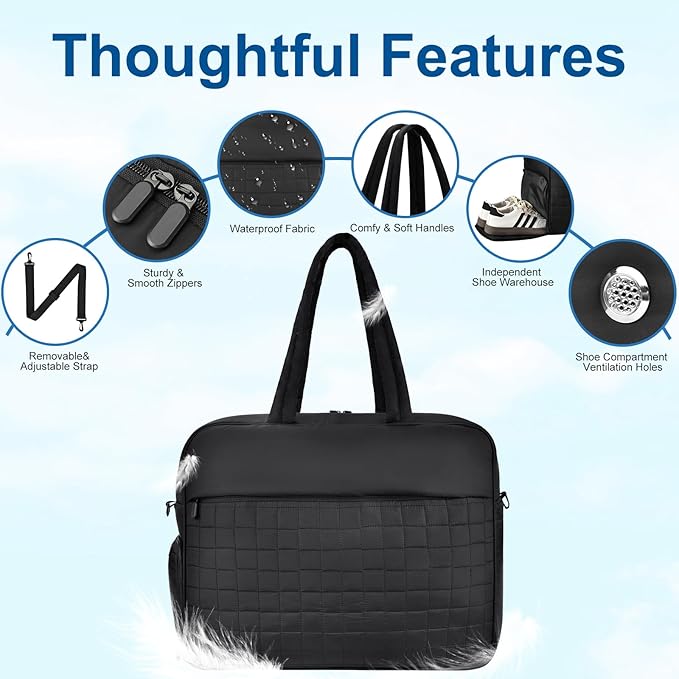 Felipe Varela Large Puffy Tote Bag, Gym Bags for Women with Shoe Compartment, Weekender Overnight Lightweight Carry on Puffer Duffle Bag for Travel (Black,36L)