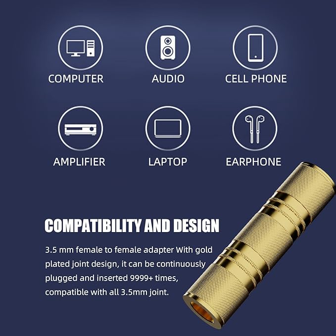 3.5mm Female to Female aux Adapter, 3.5mm Stereo Jack to 3.5mm Stereo Jack Adapter Connectors Stereo Coupler Female to Female Gold - 3pcs