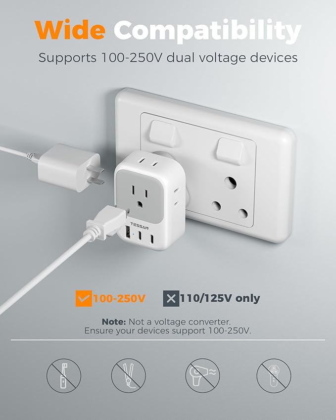 South Africa Plug Adapter 2 Pack, TESSAN Type M Adapter for South Africa with 4 Outlets 3 USB (2 USB-C), Type M Adaptor for US to Namibia Botswana India Nepal Mozambique Sri Lanka