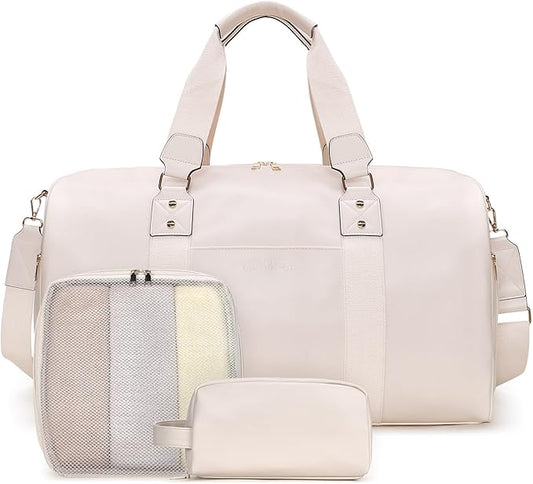 Weekender Bag for Women Men, Large Overnight Bag Faux Leather Travel Duffel Bag with Shoe Compartment Toiletry Packing Cube Carry On Bag Fit 21" Laptop 3Pcs Set (Beige)