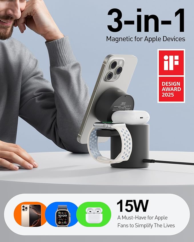 iWALK 3 in 1 Wireless Charging Stand with Auto Rotation, Charging Station with Magnet for Apple Devices, 15W Foldable Wireless Charger Station for iPhone 16 15 14 13 12 & Apple Watch & Airpods, Black