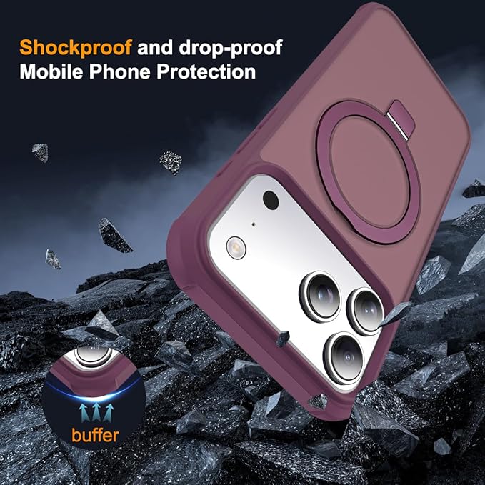 Compatible with iPhone 17 Pro Case with Invisible Magnetic O-Ring Stand Military-Grade Translucent Phone Case for iPhone 17 Pro 6.3" [Compatible with Mag-Safe][Great Grip Feeling], Wine Red