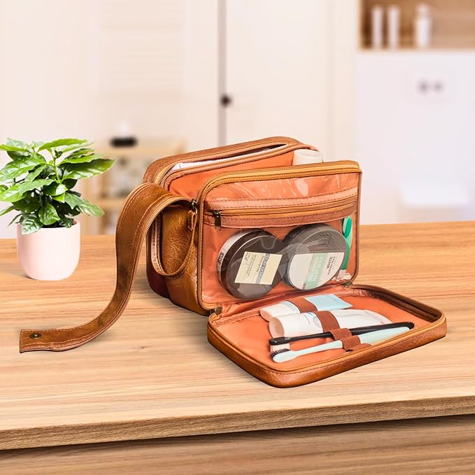 Dot&Dot Leather Toiletry Bag for Men Women - Spacious Womens Mens Toiletry Travel Bag, Large Travel Toiletries Bags (Rugged Brown, Large)