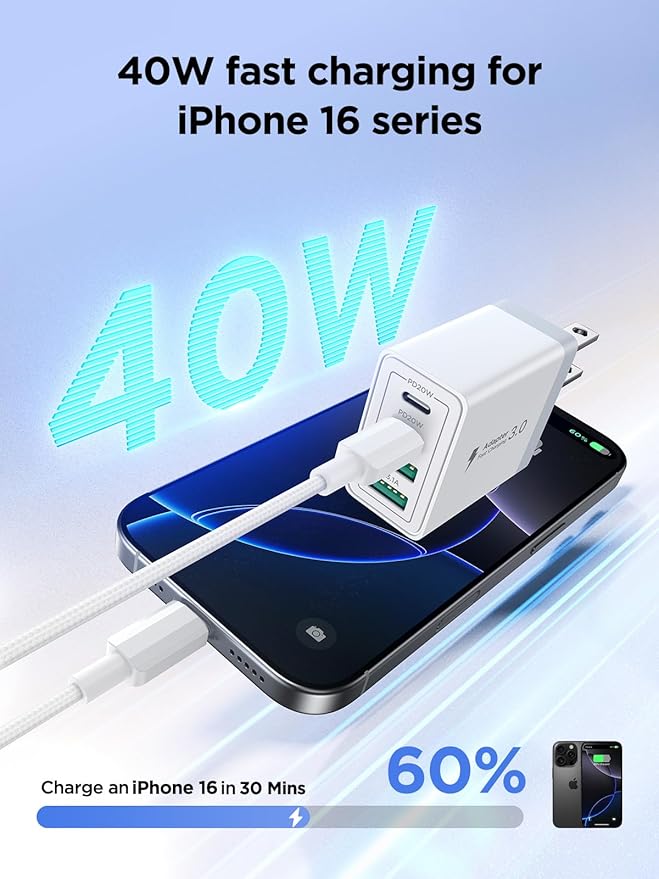 40W USB C Charger Block, 2Pack 4-Ports Type C Fast Phone Charging Cube with 6FT USBC to USBC Cord, Multiport Wall Plug Power Brick Box Compatible with iPhone, Samsung, iPad Pro, Cellphones Charger
