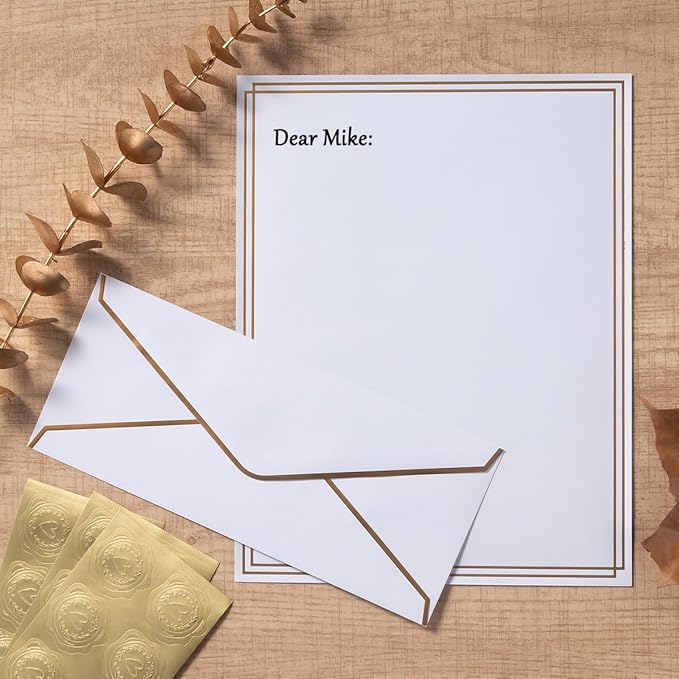 50 Pack Stationery Set with Gold Border, #10 Business Envelopes and 8.5x11 Paper Sheets and Stickers for Writing Letters (White, 8.5x11 Inches)