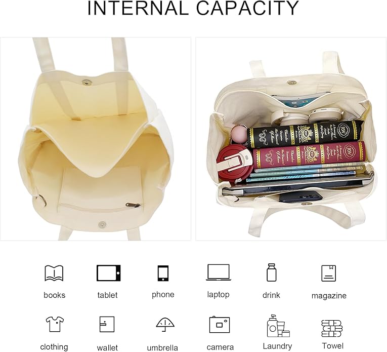 TeeYee Women's 20L Canvas Tote Bag Reusable Multi-Pocket Organizer for Travel Work Gym Shopping Large Shoulder Bag