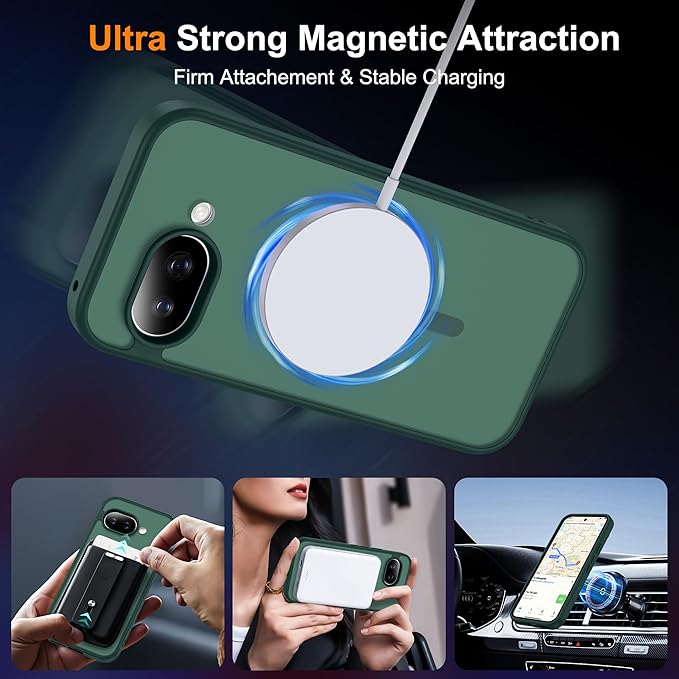 Compatible with Google Pixel 9A Case with Magnetic [Compatible with Mag-Safe][Military Grade Drop Protection] Slim Translucent Matte Phone Case with Anti-Fingerprint Tech, Green