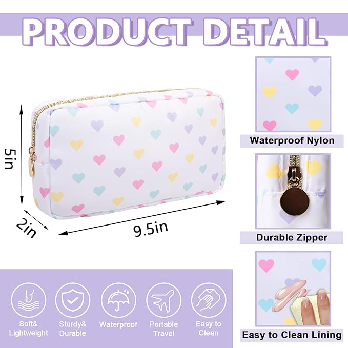 Small Makeup Bag Pouch for Purse，Nylon Travel Toiletry Storage Bag Cute Makeup Organizer Bag for Women Girls，Preppy Waterproof Cosmetic Bag Pouch Skincare Bag Purse with Zipper (Small-White Heart)