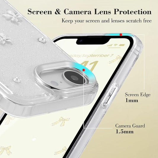 EYZUTAK Case for iPhone 16e, Bling Glitter 3D Bowknot Phone Case Cute Sparkly Crystal Clear Bow Aesthetic Design Cover Slim Soft Durable TPU Transparent Protective Cover for Women Girl - White Bow