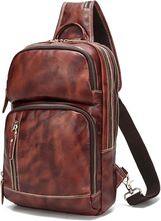 LANNSYNE Full Grain Leather Sling Bag For Men, Crossbody Bag fits 12.9" iPad Crossbody Chest Daypack