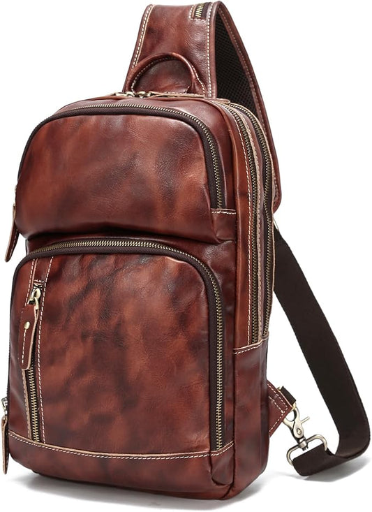 LANNSYNE Full Grain Leather Sling Bag For Men, Crossbody Bag fits 12.9" iPad Crossbody Chest Daypack