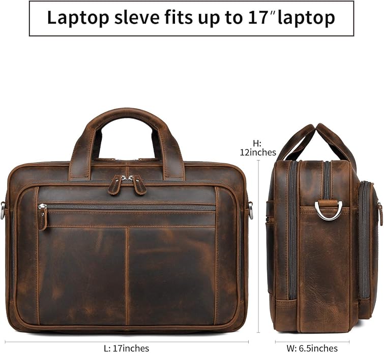 Augus Business Travel Briefcase Genuine Leather Duffel Bags for Men Laptop Bag fits 15.6 inches Laptop YKK Metal Zipper (Dark brown)