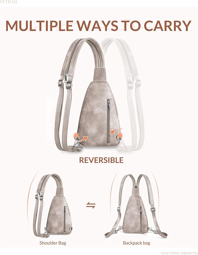 Sling Bag for Women, Crossbody Bags for Women Trendy Crossbody purse Vegan Leather Sling Backpack Chest Bag with Dual Purpose Strap, Cloud Grey