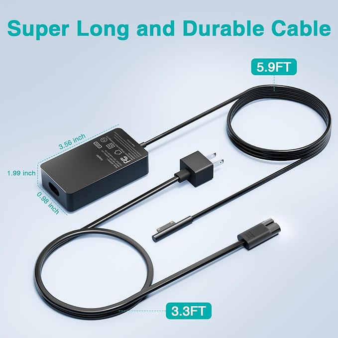 65W Charger Compatible with Microsoft Surface Pro 11, 10, 9, 8, 7+, 7, 6, 5, X, Laptop 7/6/5/4/3/2/1/Studio, Go 4/3/2/1, Book 3/2/1, Support 44W 36W, 10FT