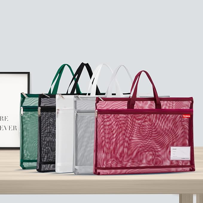 Pendancy Mesh Zipper Pouch A4 Size, Large Double Pocket Lightweight Nylon Transparent File Bag with Handle, 11x13.8 in Foldable Document Storage for Puzzle Project/Cross Stitch/Travel/Office (Red)