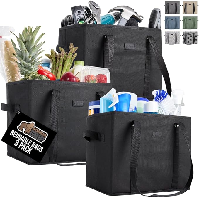 GORILLA GRIP Heavy Duty Foldable Reusable Grocery Bags, 3 Pack, Tear Resistant Box Shape Shopping Tote with Reinforced Handles, Grip Feet, Easily Carry and Transport Groceries, 13x10x11, Black