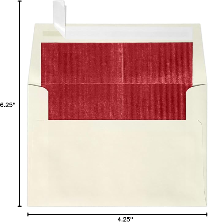 LUXPaper A4 Foil Lined Invitation Envelopes | Peel & Press | 4 1/4" x 6 1/4" | Natural w/Red LUX Lining | 70lb. Text | 50 Qty
