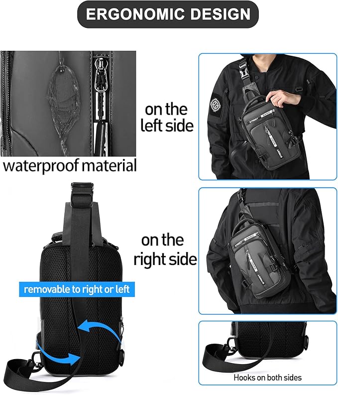 Grey Sling Crossbody Backpack Shoulder Messenger Bag for Men, Mini Anti Theft One Strap Motorcycle Backpack Sling Tactical Chest Bag for Hiking Walking Biking Travel Cycling