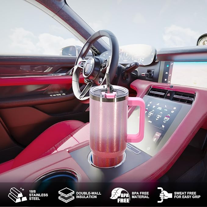 40 oz Shiny Tumbler with Handle and Straw,Stainless Steel Tumbler with Lid and Straw,Insulated Travel Mug(Cold for 34 Hours),Water Bottle for Iced Tea,Coffee (Red)