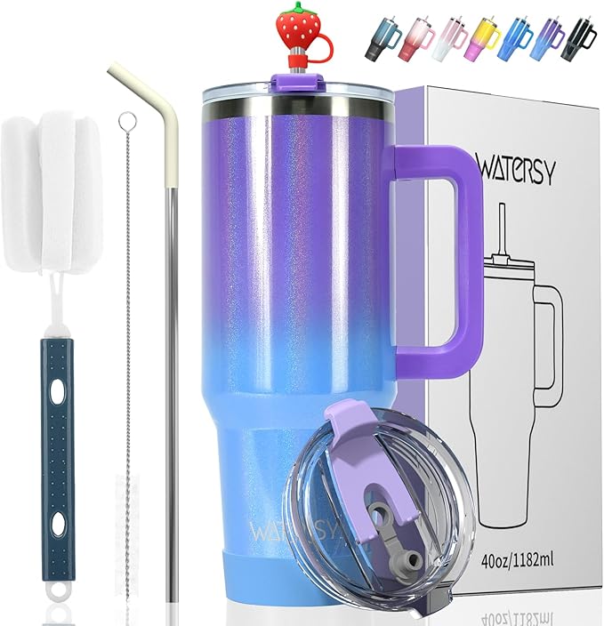 40 oz Shiny Tumbler with Handle and Straw,Stainless Steel Tumbler with Lid and Straw,Insulated Travel Mug(Cold for 34 Hours),Water Bottle for Iced Tea,Coffee (Purple)