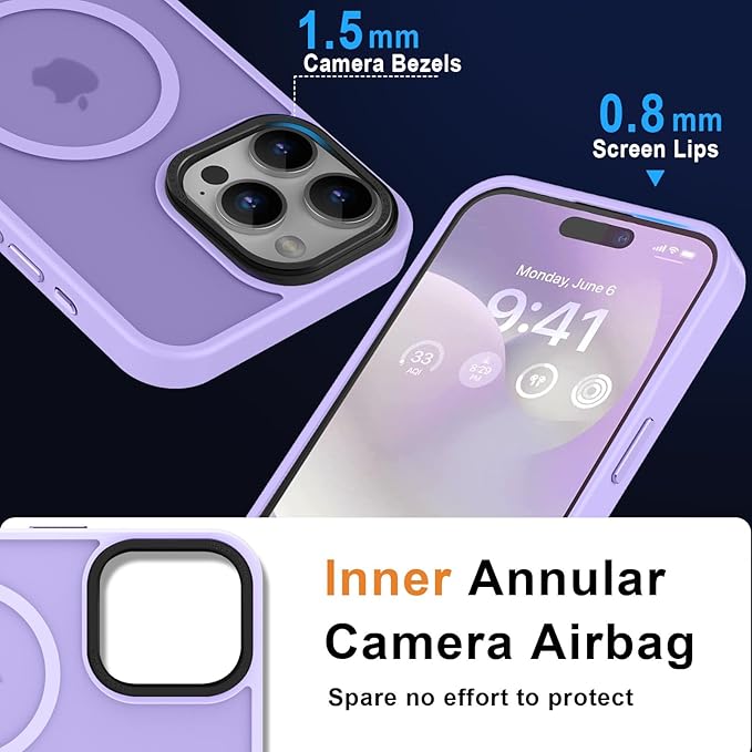 MOCCA Strong Magnetic for iPhone 15 Pro Max Case, [Compatible with Magsafe][13FT Military Drop Protection] Slim Translucent Matte Shockproof Case for iPhone 15 ProMax Case 6.7'', Light Purple