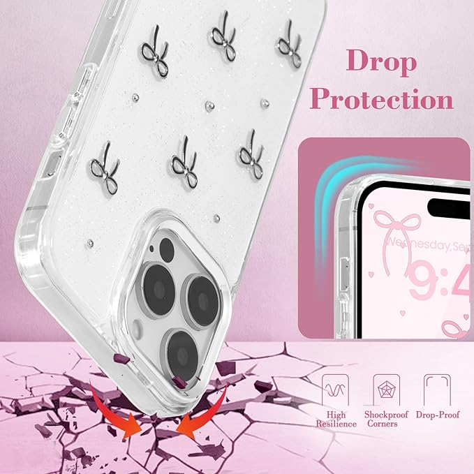EYZUTAK Case for iPhone 14 Pro Max, Bling Glitter 3D Bowknot Phone Case Cute Sparkly Crystal Clear Bow Aesthetic Design Case Slim Soft Durable TPU Transparent Protective Cover for Women Girls - Bow