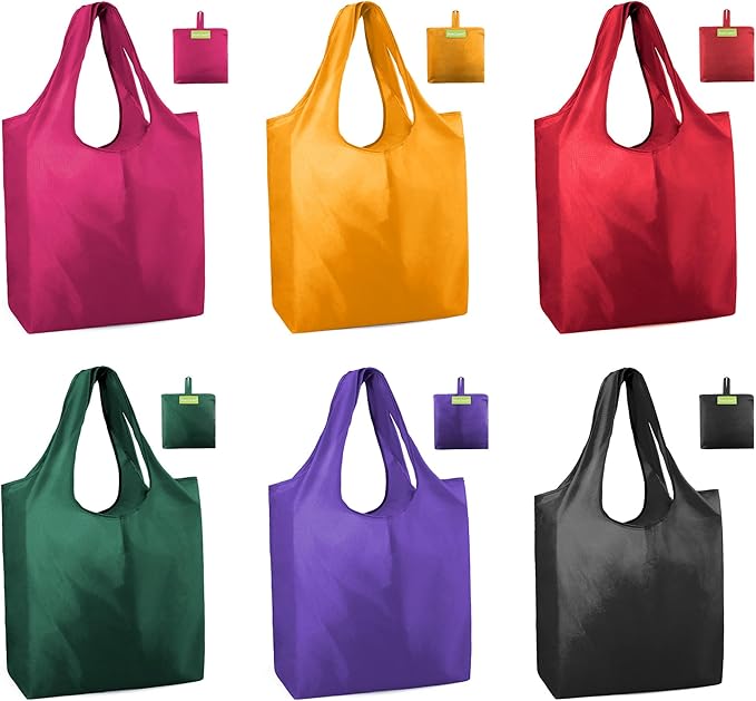 BeeGreen Colorful Reusable Grocery Bags 6 Pack, Heavy Duty Totes for Women, Foldable Grocery Bag Large Shopping Totes with Handles for Work, Travel, Gift, Store, Polyester Washable Reusable Tote Bag
