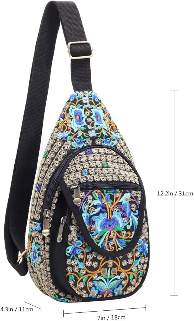 SILKAREA Embroidered Boho Small Sling Bag for Women Travel Chest Bag Crossbody Backpack Purse Shoulder Bag (Blue)