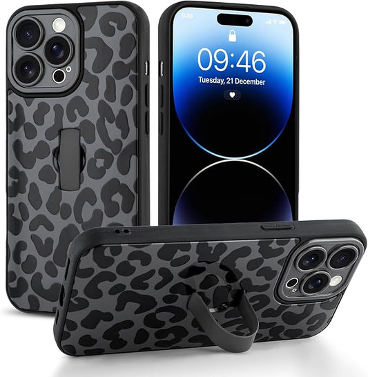 Compatible with iPhone 14 Pro Max Case with Finger Hand Strap Kickstand, Trendy Cool Leopard Cheetah Print Phone Case for Women Men, Full Camera Protection Shockproof Protective Cover, Black