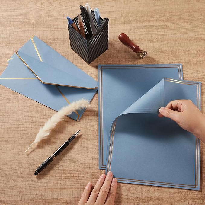 50 Pack Stationery Set with Gold Border, #10 Business Envelopes and 8.5x11 Paper Sheets and Stickers for Writing Letters (Dusty-Blue, 8.5x11 Inches)