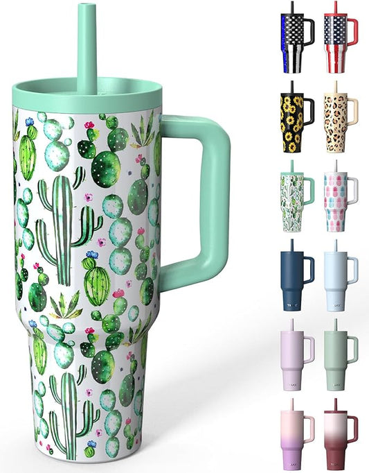 TILUCK 40 oz Tumbler with Handle, Vacuum Insulated Stainless Steel Travel Mug with 100% Leak-Proof Silicone Straw Lid, Cupholder Friendly Water Bottle(Cactus, 40oz)