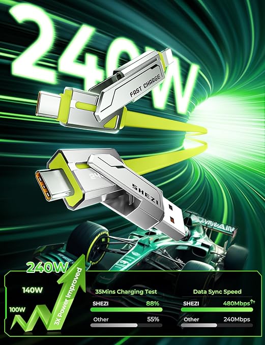 SHEZI [2025 Newly Upgrade] 4-in-1 Charging Cable 240W 5FT USB C Cable Fast Charging Flat Soft Thick Silicone for iPhone 16/15 Charger Cord, Multi Charge Combo with L/USB C/USB A Port, Green