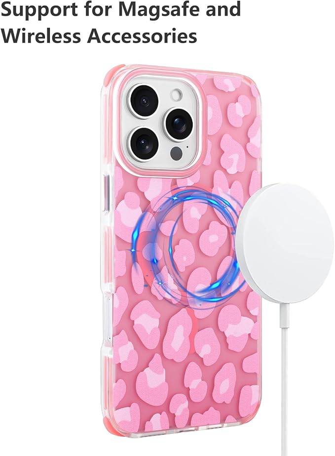 SAKUULO Magnetic for iPhone 16 Pro Case Pink Leopard Print Pattern [Compatible with MagSafe] [with Screen Protector] Wireless Charge Strengthen Protection Cover, Pink Leopard (6.3")